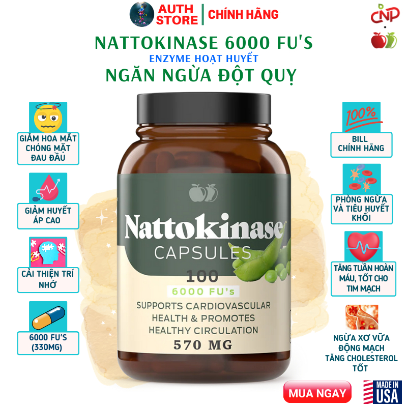 Nattokinase 6000 FU's 570mg 100v hỗ trợ hệ tim mạch,tuần hoàn ngăn ngừa đột quỵ CNP