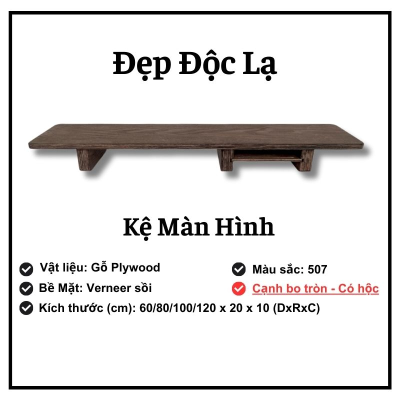 Kệ màn hình Plywood - cạnh bo tròn - có hộc