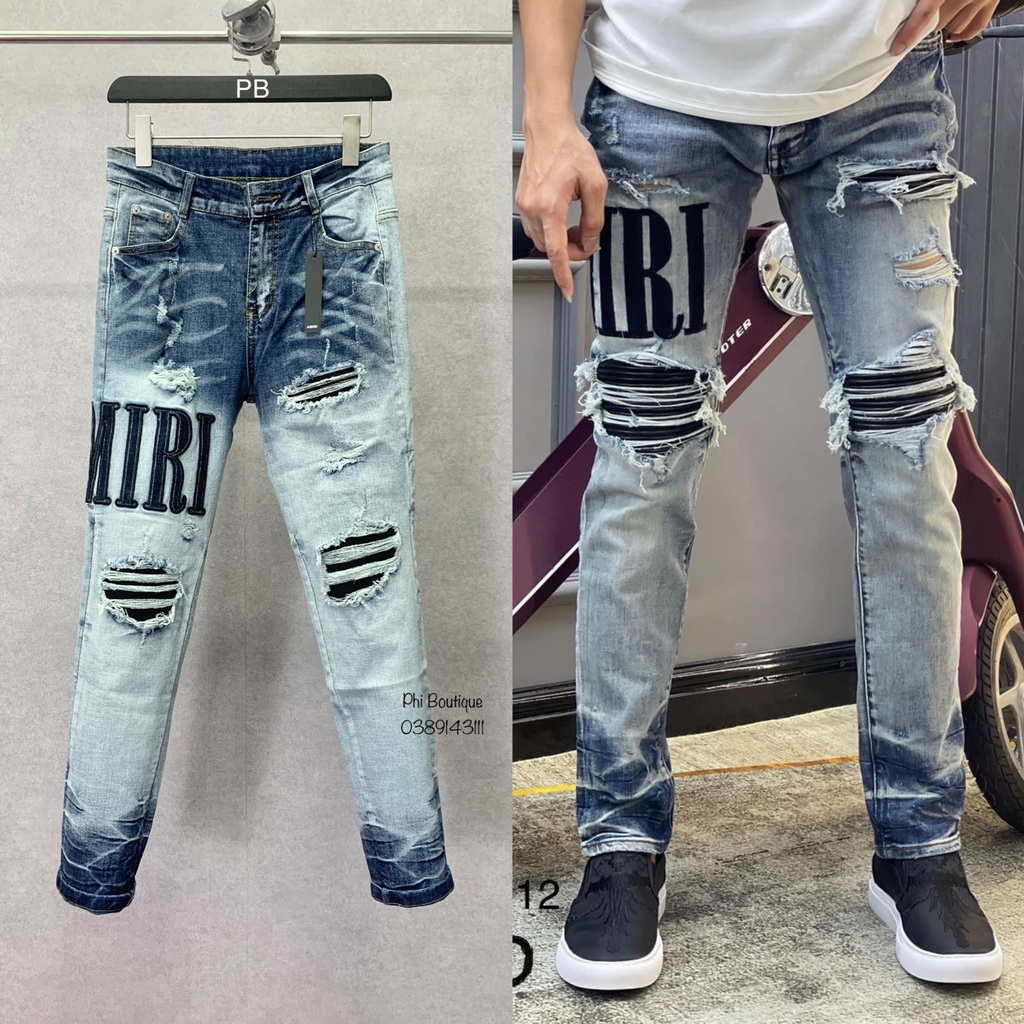 Quần jean bò nam Amiri slimfit xanh khói rách tua lót vải đen thêu chữ đùi phối ống loang xếp sóng hot trend 2023