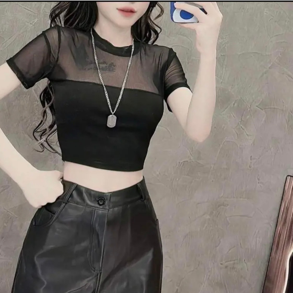 Áo croptop ôm body tay ngắn phối lưới A345, áo lưới BILINGTRENDY