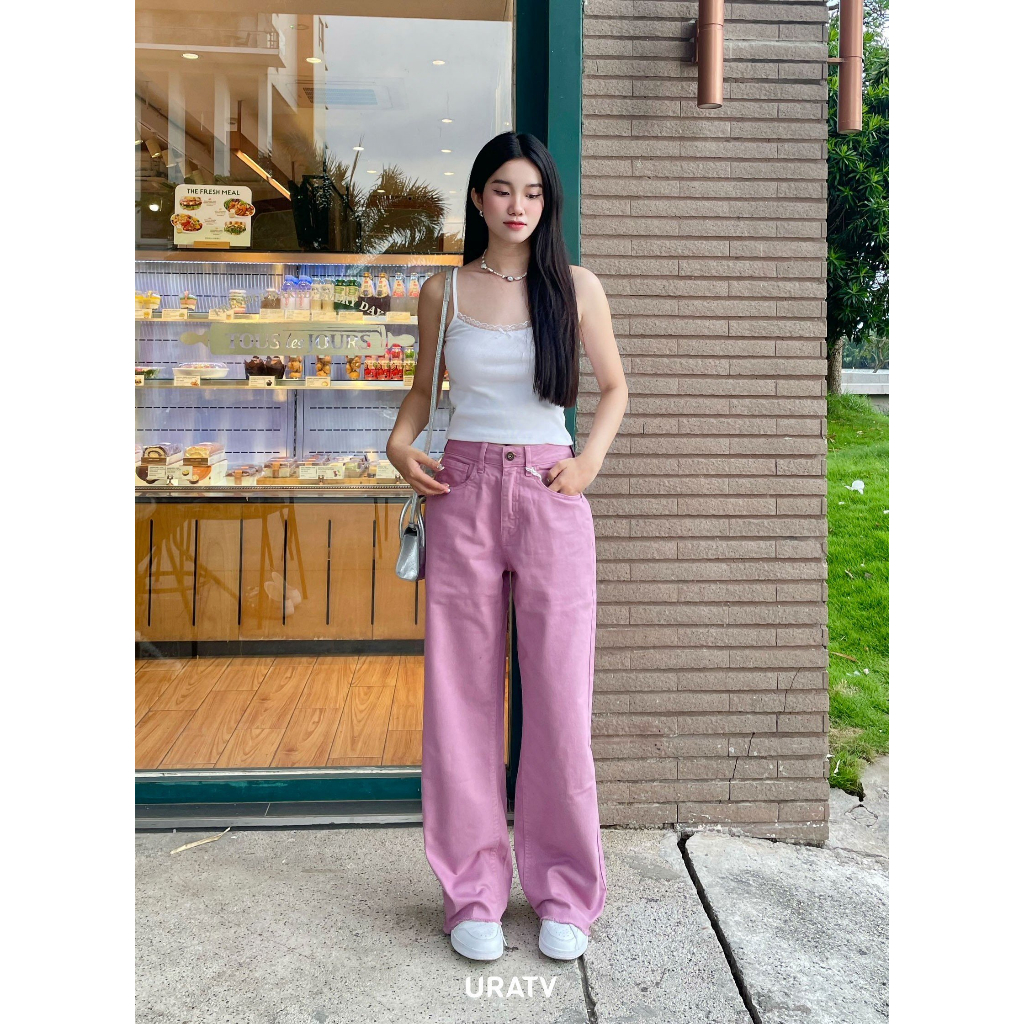 Quần jeans suông tua lai màu tím xuất dư xịn