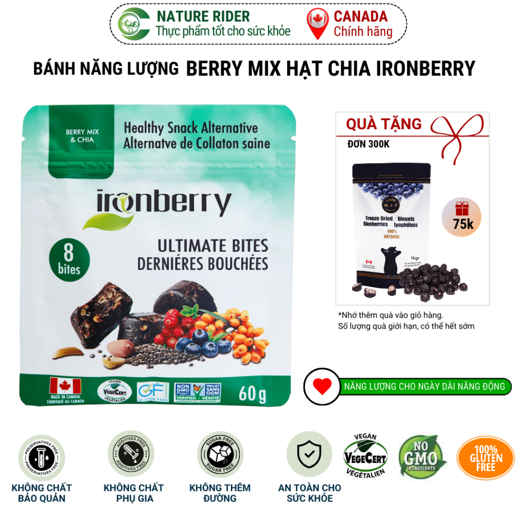 Bánh năng lượng - Irronberry - hỗn hợp Berry và hạt chia - BERRY MIX & CHIA ULTIMATE BITES 60gr