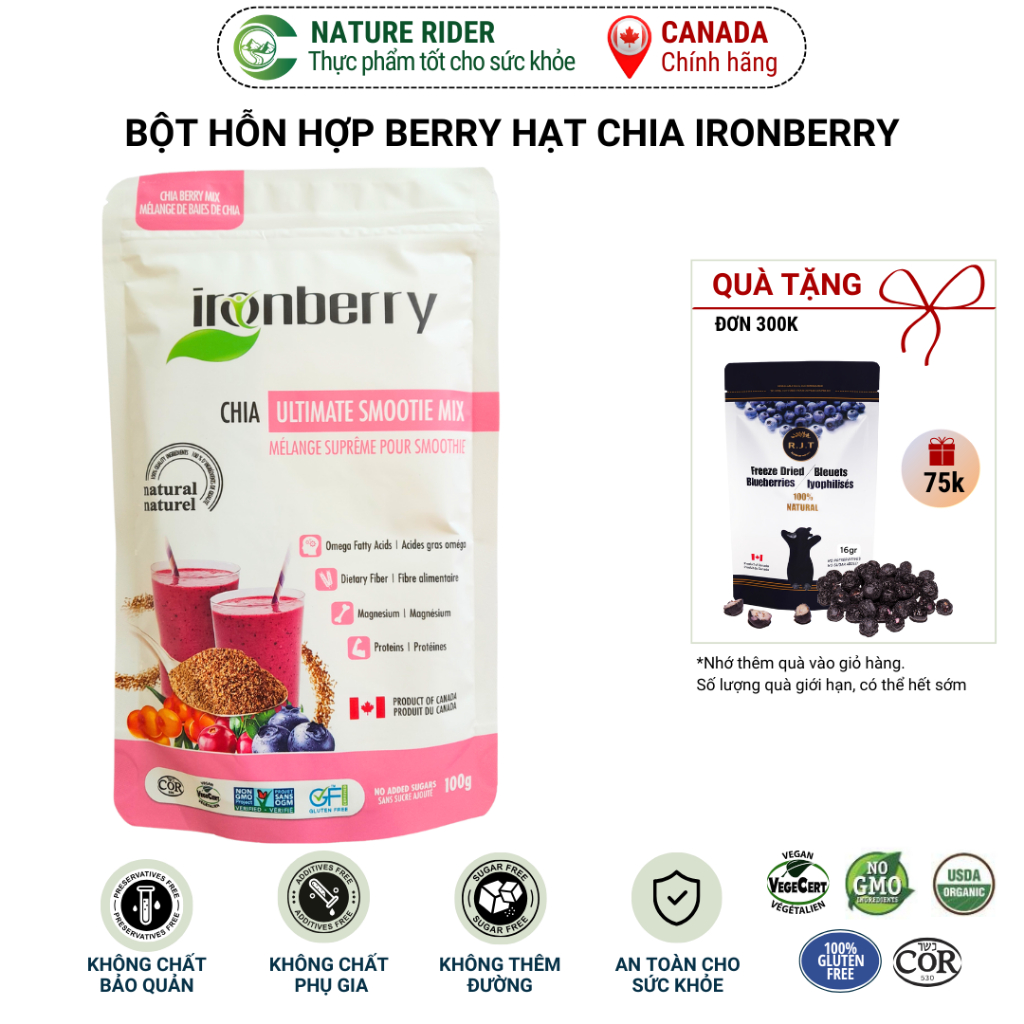Bột hỗn hợp berry & hạt chia nguyên chất - Ironberry chia ultimate smoothe mix 100gr