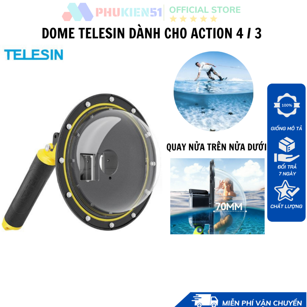 Dome Port chống nước TELESIN cho Osmo Action 4 3 quay nửa trên nửa dưới- Hàng Chính Hãng