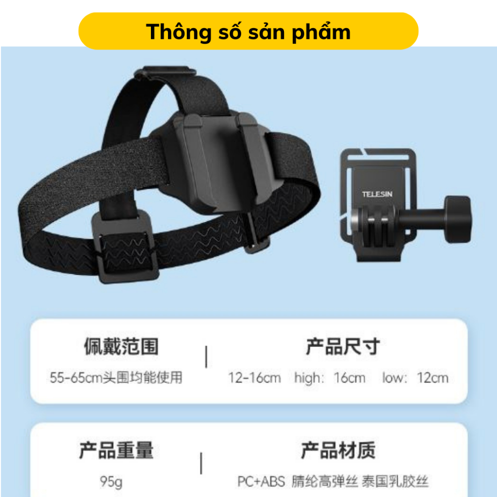 Dây đeo đầu Telesin 2 in 1 dành cho ActionCam Gopro Insta360 Osmo action kẹp nón , kẹp dây balo -Hàng chính hãng