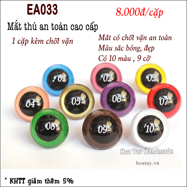 Mắt thú an toàn cao cấp  kèm chốt vặn có 10 màu 9 cỡ, dùng làm thú bông, amigurumi- EA033