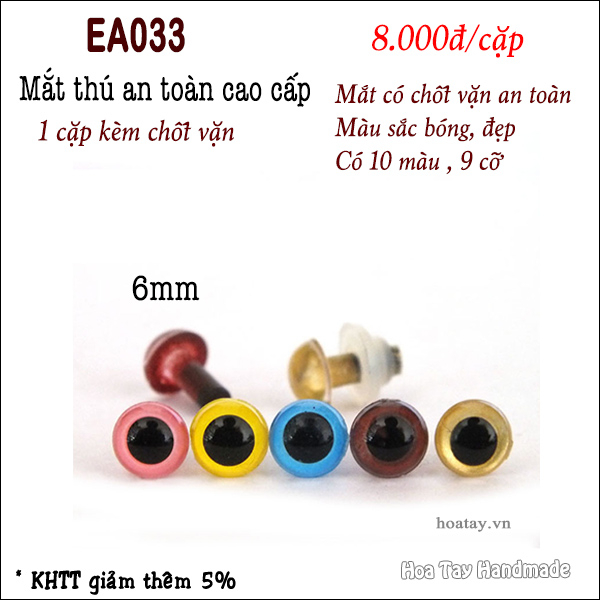 Mắt thú an toàn cao cấp  kèm chốt vặn có 10 màu 9 cỡ, dùng làm thú bông, amigurumi- EA033