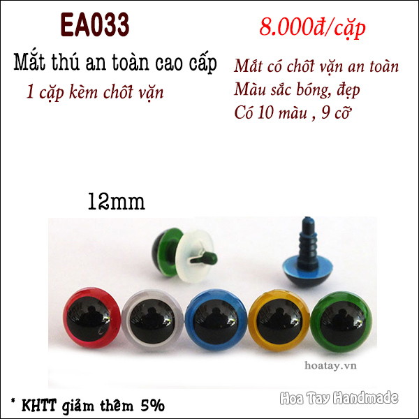 Mắt thú an toàn cao cấp  kèm chốt vặn có 10 màu 9 cỡ, dùng làm thú bông, amigurumi- EA033