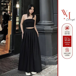 YM Concept Chân Váy Xoè Xếp Ly Dáng Dài Có Túi Màu Đen Trẻ Trung - V0818