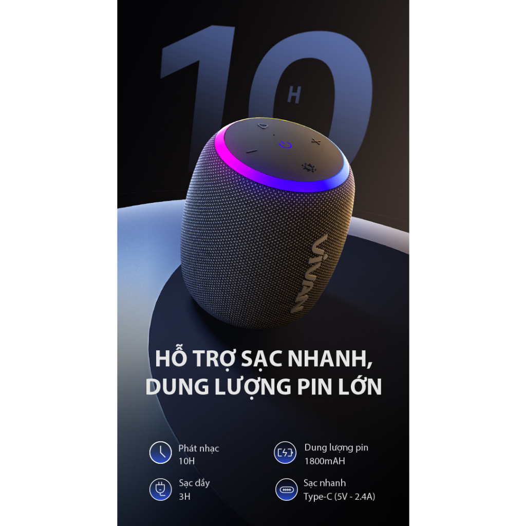 Loa Bluetooth 5.3 VIVAN VS15 Đen Công Suất 10W Chống Nước IPX7, Led RGB, Playtime Lên Đến 10H - Hàng Chính Hãng