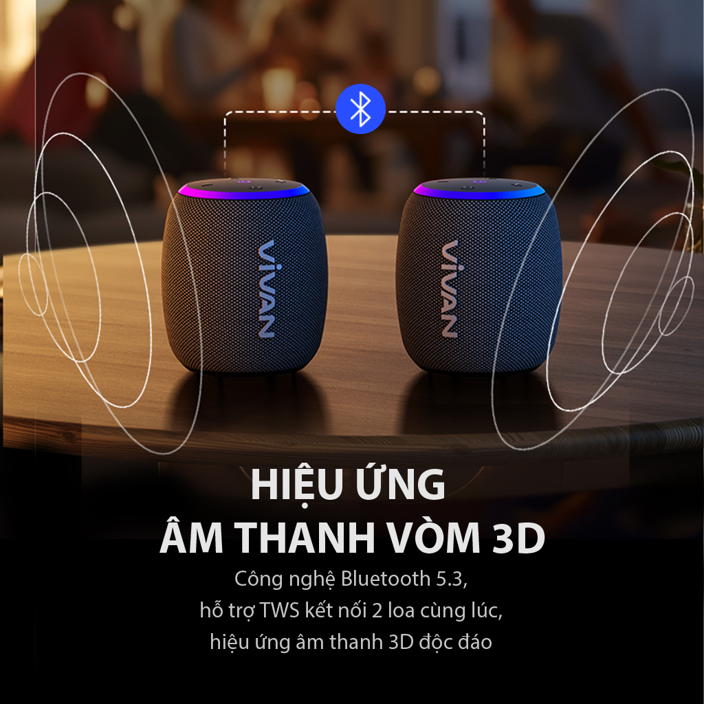 Loa Bluetooth 5.3 VIVAN VS15 Đen Công Suất 10W Chống Nước IPX7, Led RGB, Playtime Lên Đến 10H - Hàng Chính Hãng