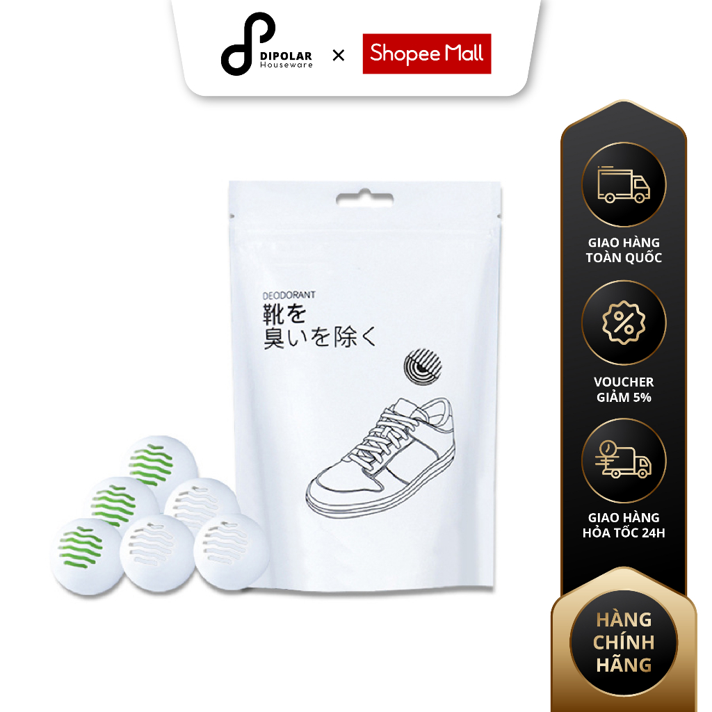 Viên Khử Mùi Hôi Giày Dép DIPOLAR Hút Ẩm Khử Khuẩn Nấm Mốc, Hương Trà Xanh Tự Nhiên Combo 6 Bóng - DVKM01