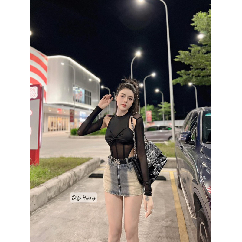 Áo bodysuit lưới khoét vai sexy