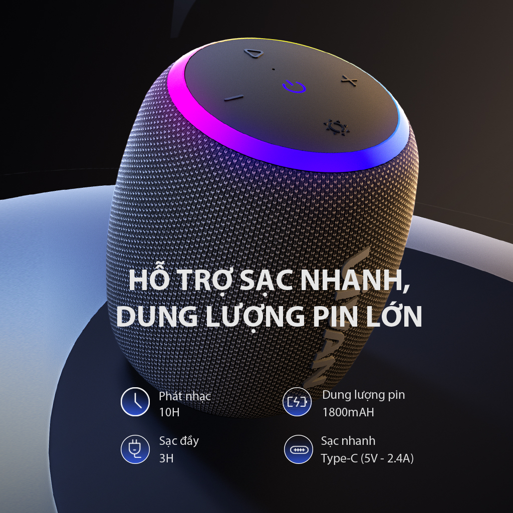 Loa Bluetooth 5.3 VIVAN VS15 Đen Công Suất 10W Chống Nước IPX7, Led RGB, Playtime Lên Đến 10H - Hàng Chính Hãng