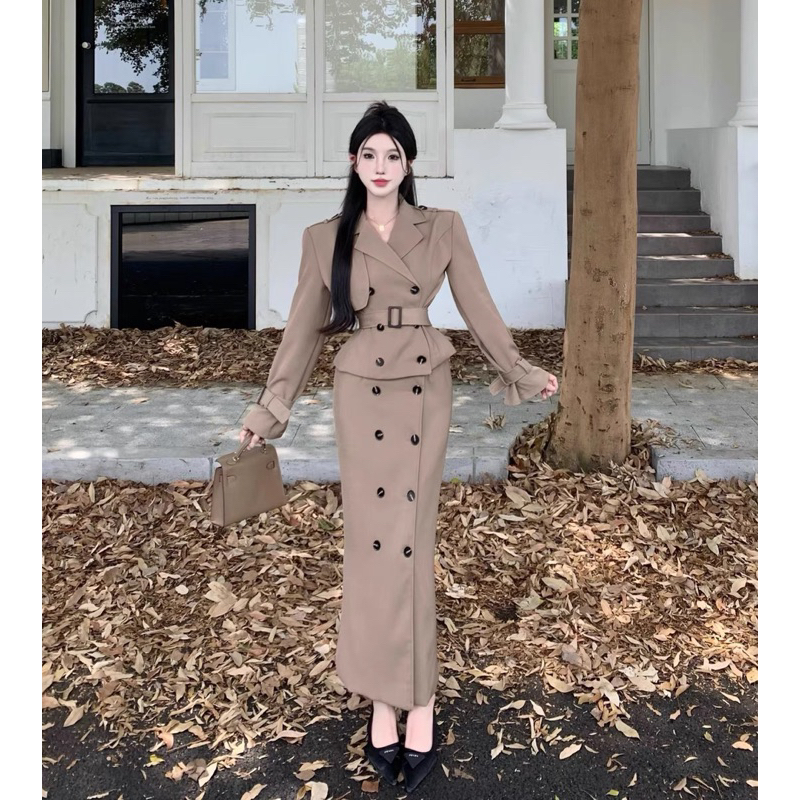 Set váy nữ sang chảnh áo khoác cổ V có dây thắt eo kèm chân váy xuông dài 90cm