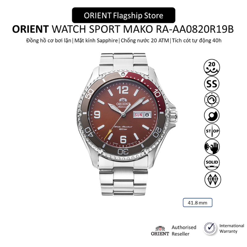 Đồng hồ cơ nam Orient Watch Sport Mako RA-AA0820R19B mặt kính Sapphire chống xước dây thép đeo tay cao cấp chính hãng