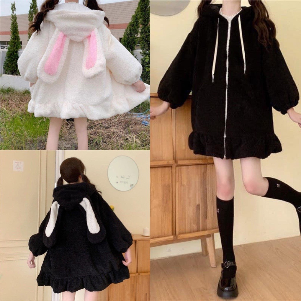 Váy lông tai thỏ kéo khóa xòe đuôi cá tay bồng dễ thương, Đầm babydoll chất lông cừu