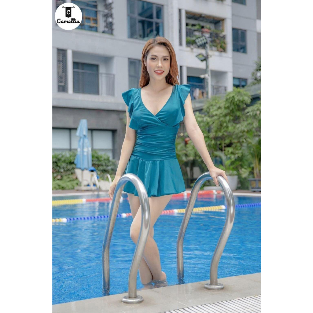 Đồ bơi liền thân nữ bộ đồ bơi bikini đi biển kín đáo bèo vai cánh tiên váy có quần đùi bên trong Ms03