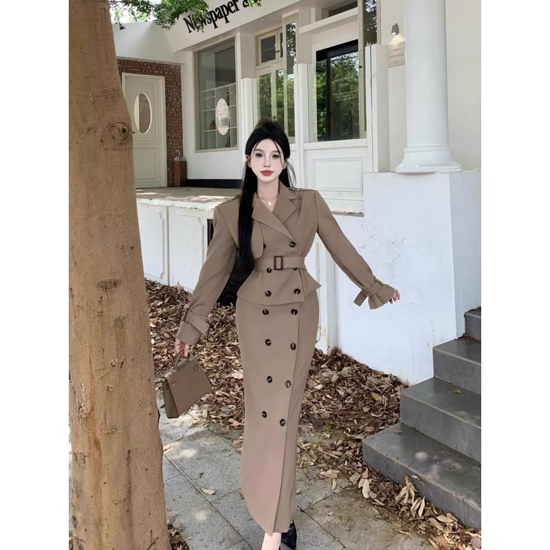 Set váy nữ sang chảnh áo khoác cổ V có dây thắt eo kèm chân váy xuông dài 90cm