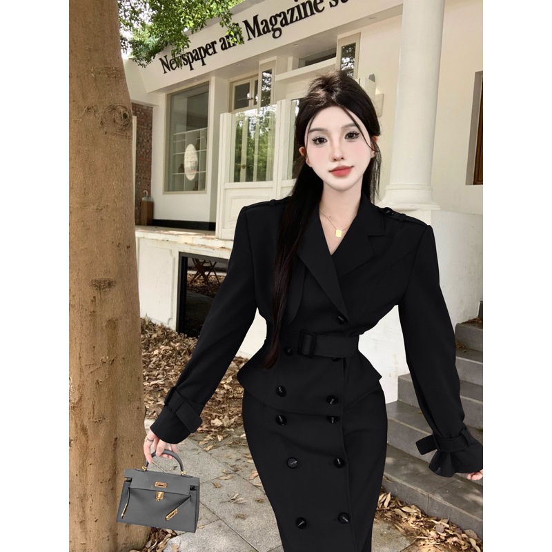 Set váy nữ sang chảnh áo khoác cổ V có dây thắt eo kèm chân váy xuông dài 90cm