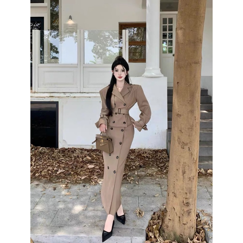 Set váy nữ sang chảnh áo khoác cổ V có dây thắt eo kèm chân váy xuông dài 90cm