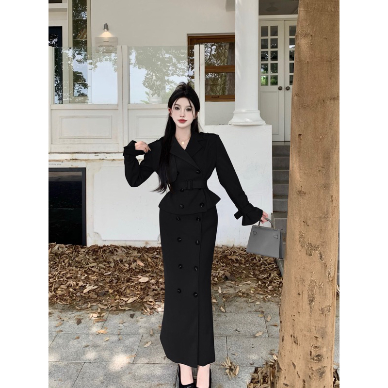 Set váy nữ sang chảnh áo khoác cổ V có dây thắt eo kèm chân váy xuông dài 90cm