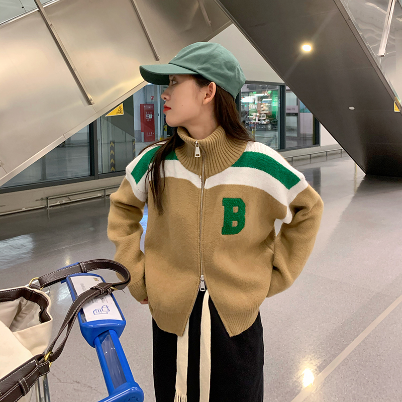 Áo khoác len nữ áo cardigan dài tay sweater cổ lọ phối khóa kéo phong cách thể thao năng động hàng Quảng Châu M246 D-12
