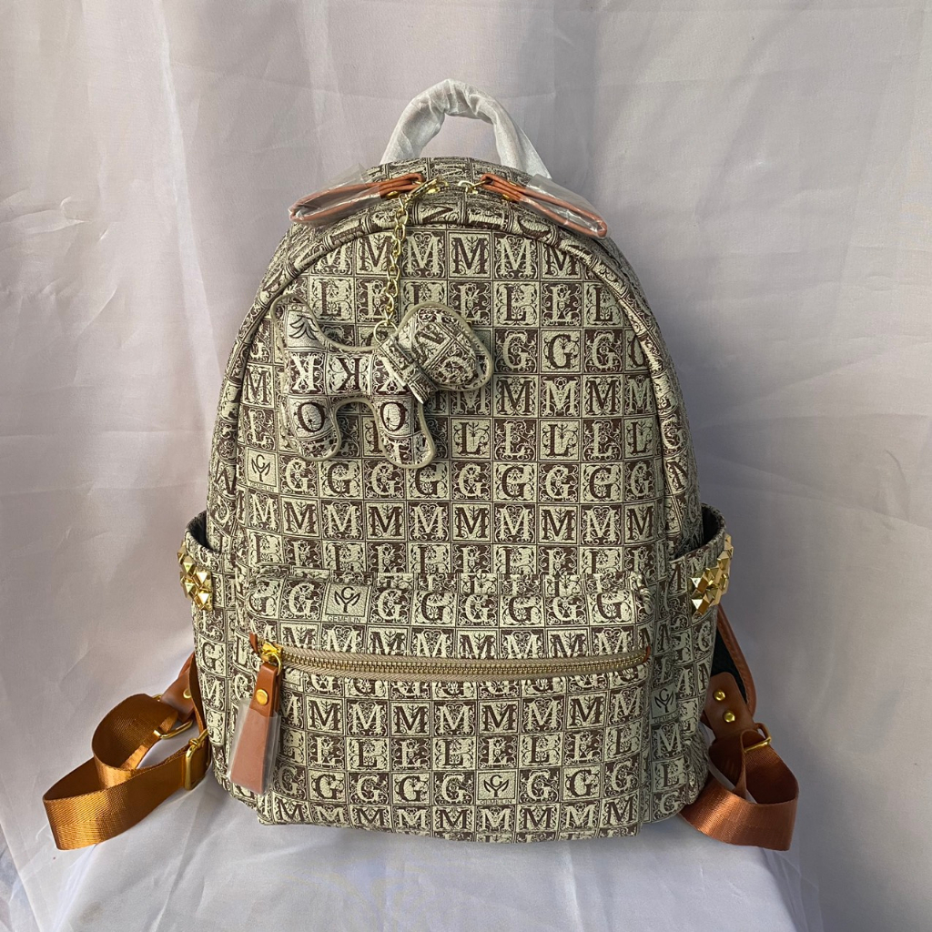 Balo da nam nữ hoạ tiết chữ GML da cao cấp kèm cún treo size đại.
