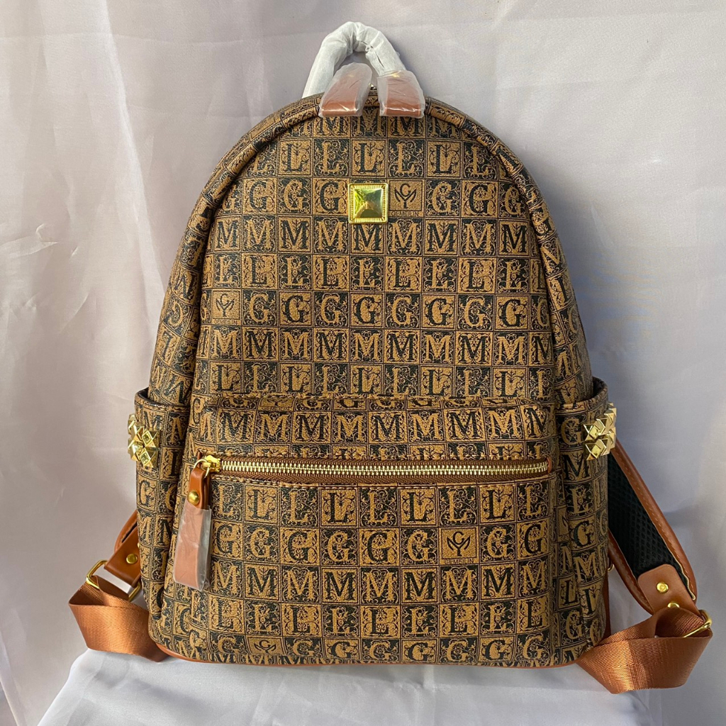 Balo da nam nữ hoạ tiết chữ GML da cao cấp kèm cún treo size đại.