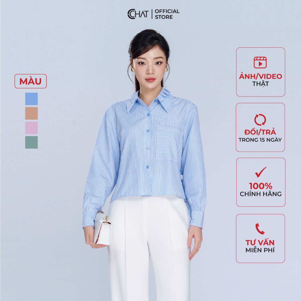 Áo Sơ Mi Nữ 𝐂𝐂𝐇𝐀𝐓 Kiểu Rút Tua Cổ Xếp Ly Dáng Suông Croptop Chất Thô Cao Cấp 23FDT7001ST