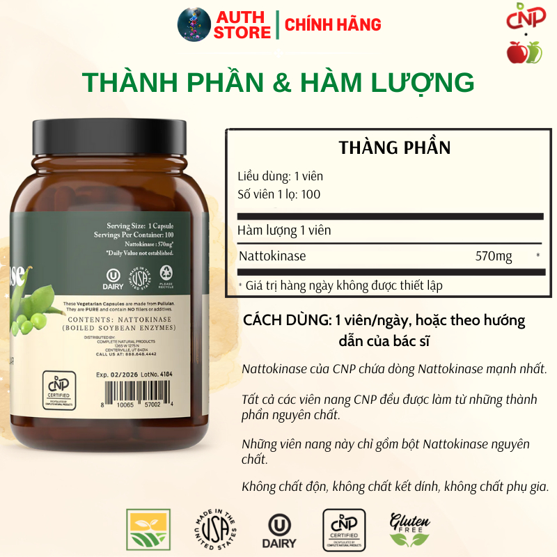 Nattokinase 6000 FU's 570mg 100v hỗ trợ hệ tim mạch,tuần hoàn ngăn ngừa đột quỵ CNP