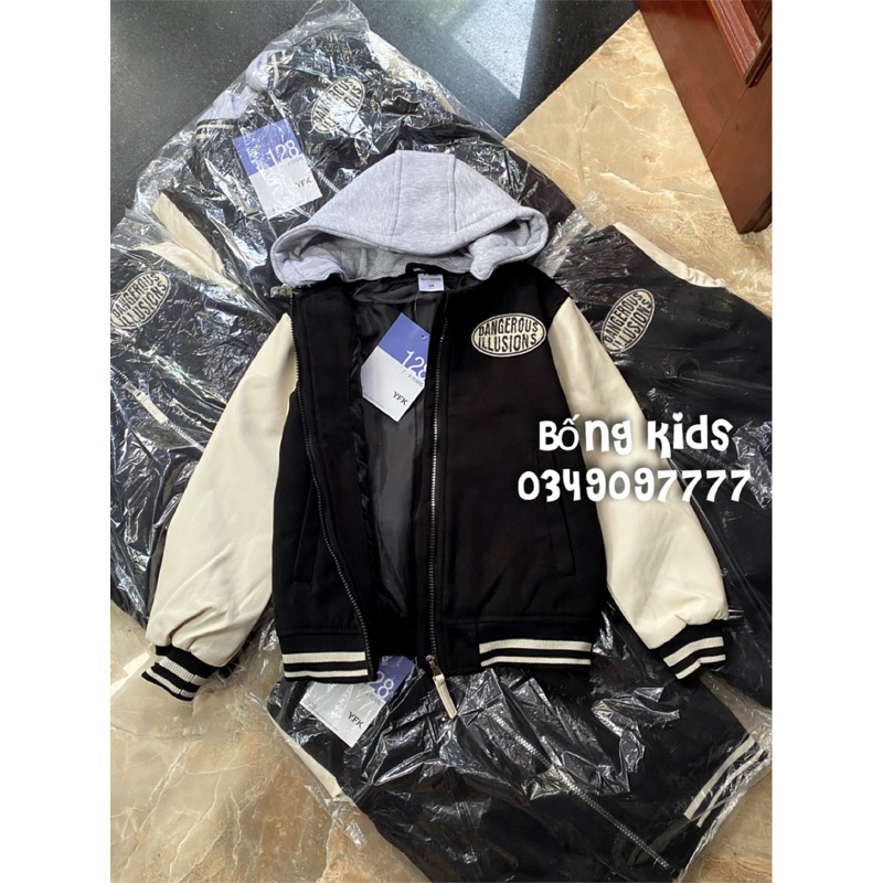 Áo Bomber Hoodie Bé Trai Dạ Đen Tay Trắng YFL