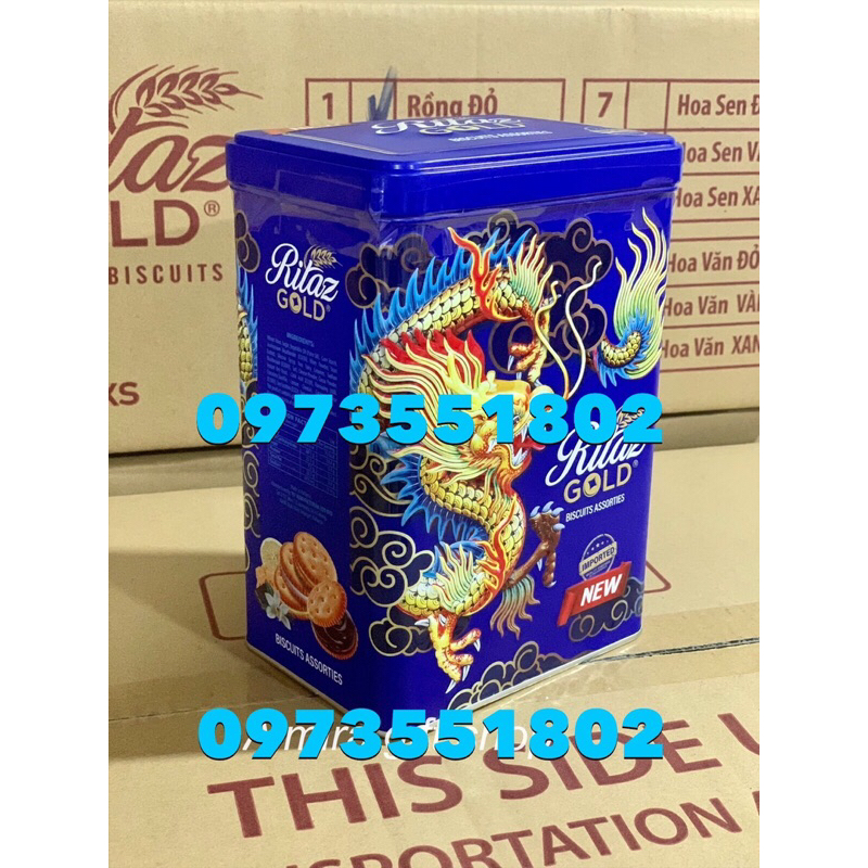 Bánh Ritaz quy bơ rồng vàng, hoa sen, núi phú sĩ, hộp thiếc trụ 180g Malaysia