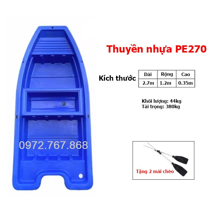 Thuyền Nhựa PE270, Dài 2.7m, Rộng 1.2m, Cao 0.35m
