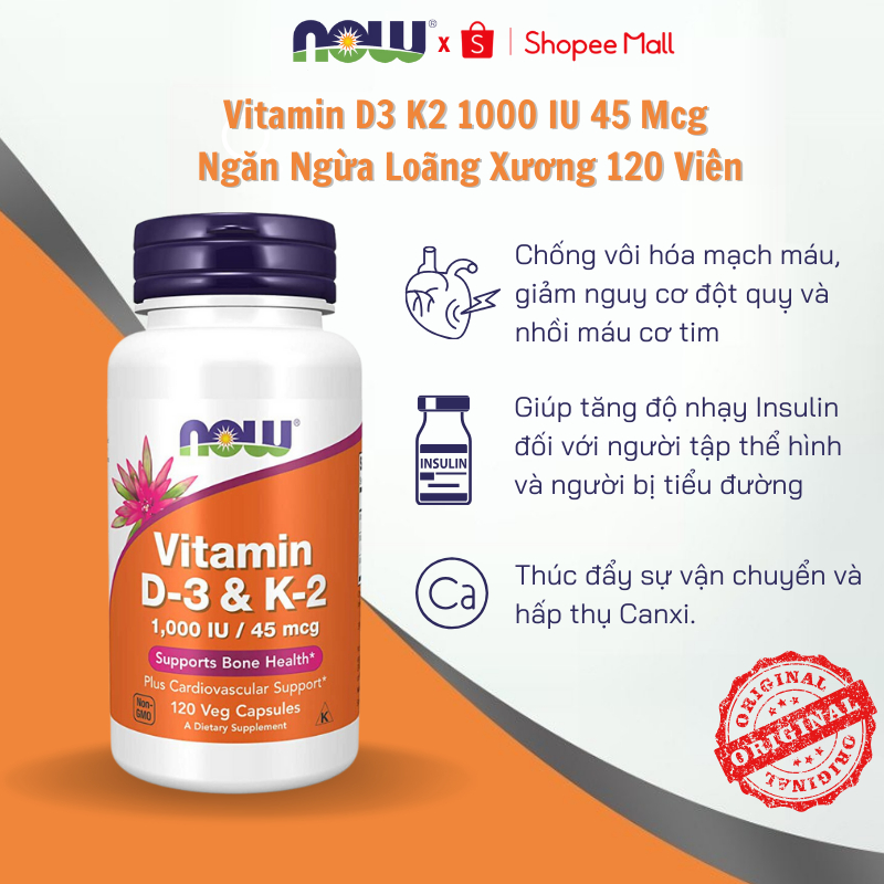 Viên uống Now Vitamin D3 K2 1000 IU 45 mcg của Mỹ hỗ trợ cho xương chắc khỏe 120 viên
