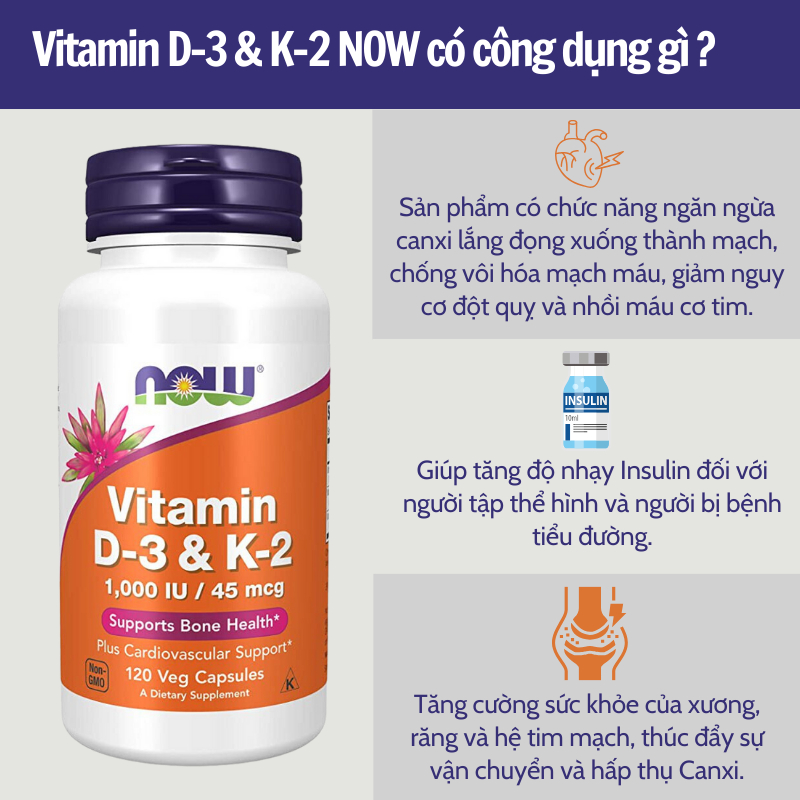 Viên uống Now Vitamin D3 K2 1000 IU 45 mcg của Mỹ hỗ trợ cho xương chắc khỏe 120 viên