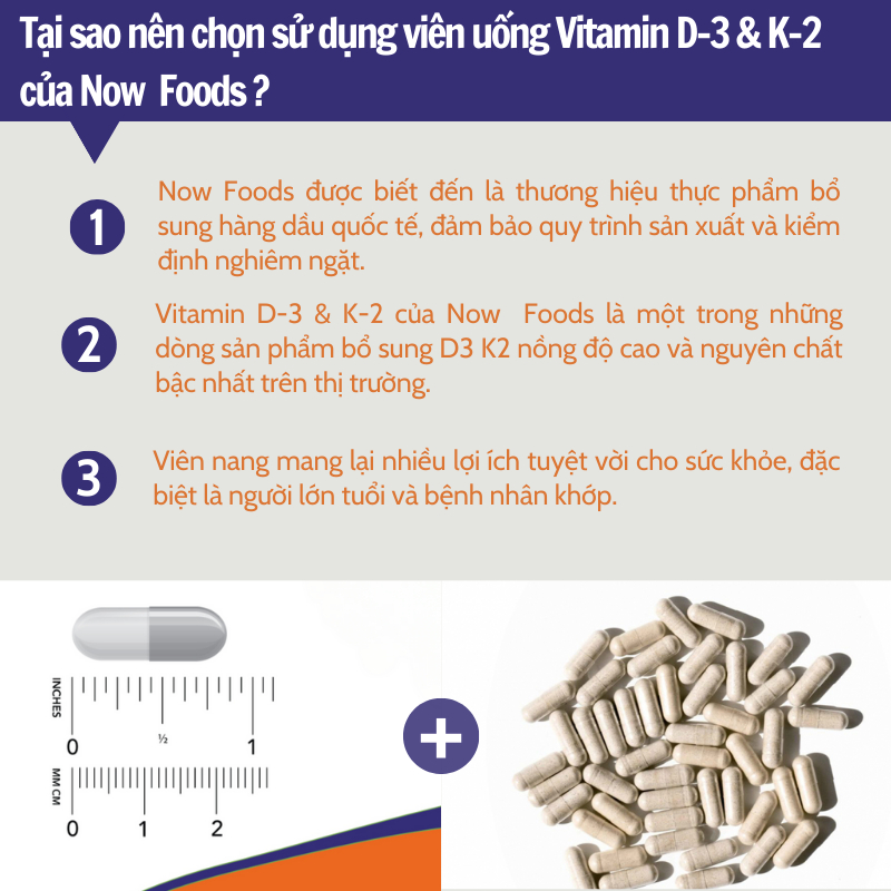 Viên uống Now Vitamin D3 K2 1000 IU 45 mcg của Mỹ hỗ trợ cho xương chắc khỏe 120 viên