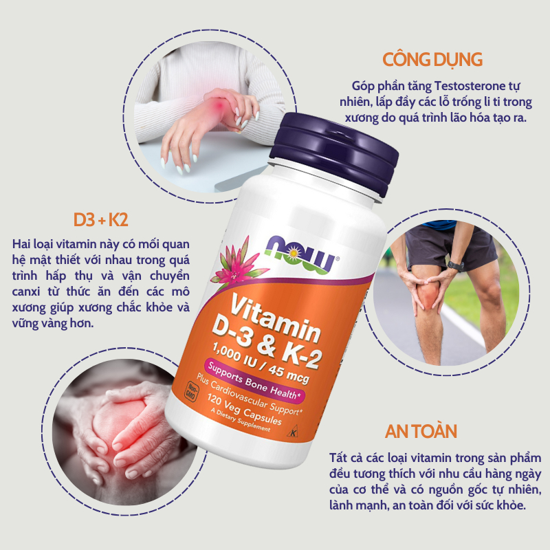 Viên uống Now Vitamin D3 K2 1000 IU 45 mcg của Mỹ hỗ trợ cho xương chắc khỏe 120 viên