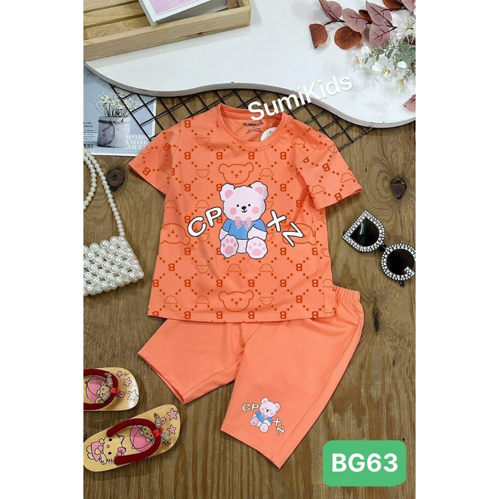 Bộ Thun Ngắn Bé Gái Sumikids In Gấu 10kg -25kg