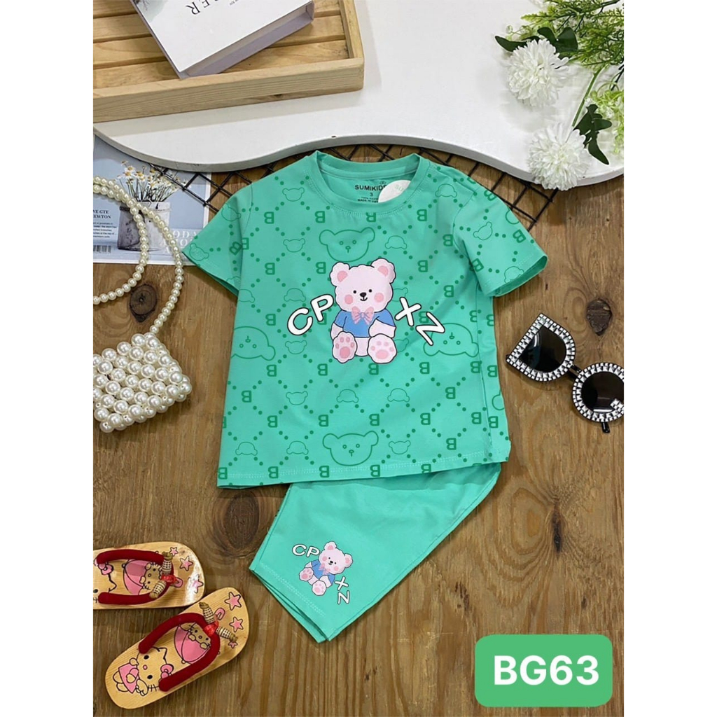 Bộ Thun Ngắn Bé Gái Sumikids In Gấu 10kg -25kg