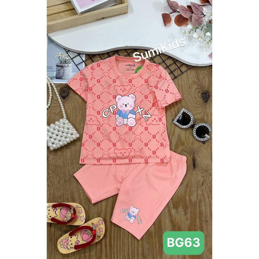 Bộ Thun Ngắn Bé Gái Sumikids In Gấu 10kg -25kg