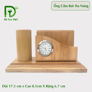 Ống cắm bút đa năng để bàn có đồng hồ bằng tre