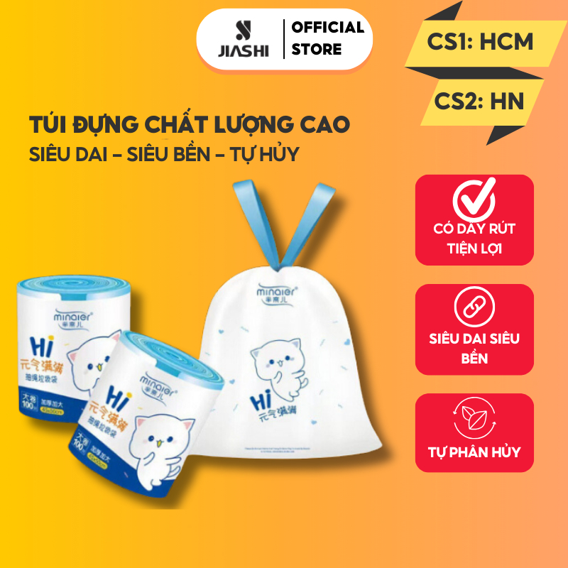 Túi đựng rác hình con mèo cuộn 100 túi có dây không rò nước, 45x50cm, túi đựng rác dày dặn chịu tải cao tự huỷ TDR02