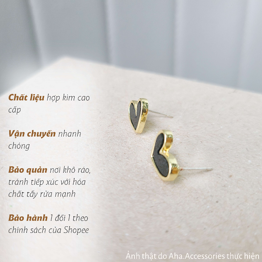 Khuyên tai nữ đơn giản basic hình trái tim màu đen Aha.Accessories KTD