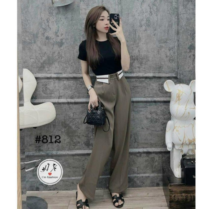 Quần ống rộng cạp cao phong cách cá tính, quần suông công sở lưng cao cạp cổ áo cao cấp | BigBuy360 - bigbuy360.vn