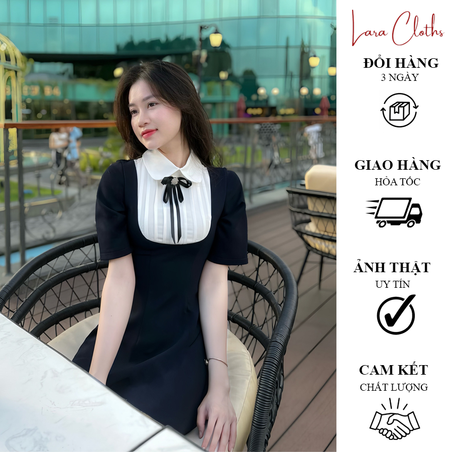 Váy tiểu thư nơ kèm nơ cổ trắng váy bo eo thanh lịch đơn giản Lara Cloths hàng thiết kế