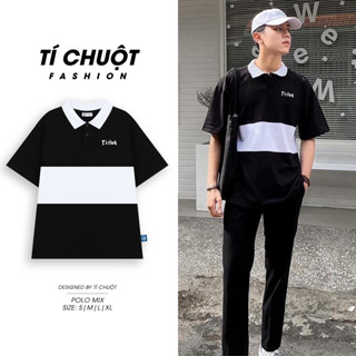 [Nhập THOITOI20 Giảm 20%] Áo polo sọc nam nữ màu đen phối trắng logo thêu, Áo cổ bẻ phối kẻ sọc unisex tay lỡ form rộng