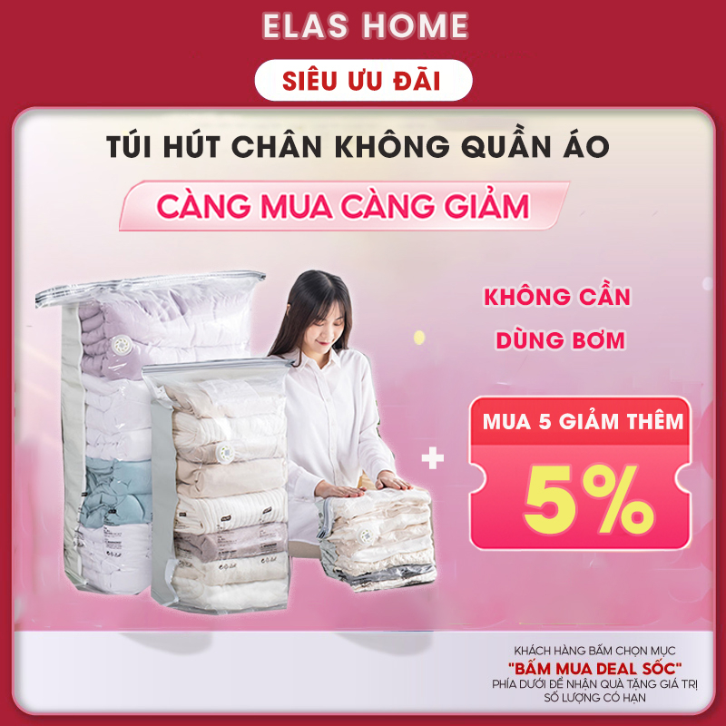 Túi hút chân không đựng quần áo, chăn màn dùng tay Túi Hút Chân Không Không Cần Bơm Elashome