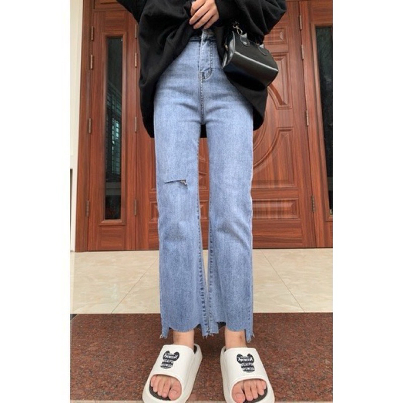 Quần jean Ống Đứng Rách 1 Bên Gối Hot Trend Xịn Xò 💖Quần Bò Cắt Gối Hack Đang Đẹp