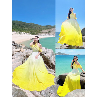 (miễn phí chỉnh váy) đầm maxi voan in màu loang ombre vàng chanh trễ vai váy xòe thiết kế sang trọng đi biển du lịch